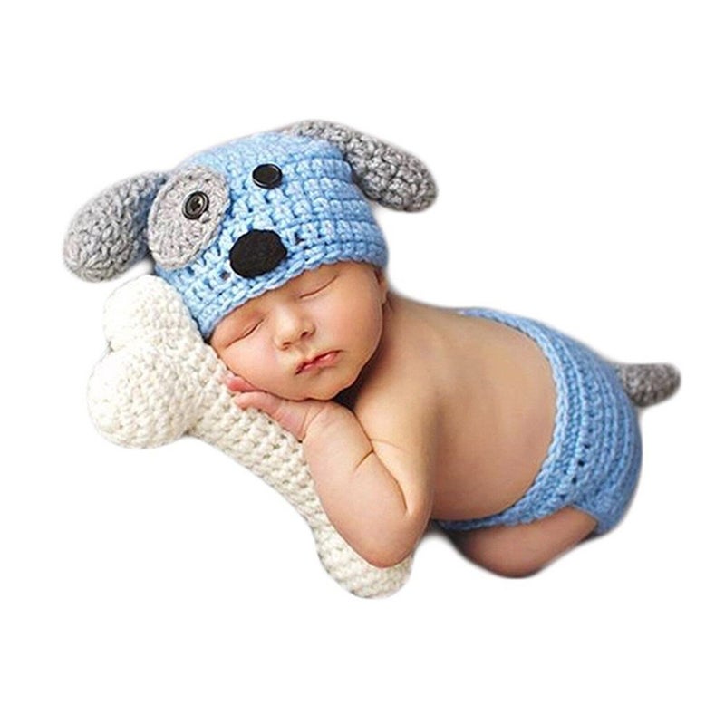 Vedory Fashion Newborn Baby Photography Props Boy Girls Photo Shoot Props Outfits Crochet Knitted Costume Unisex Cute Infant Hat Pants Set (Blue Dog) - Image 1